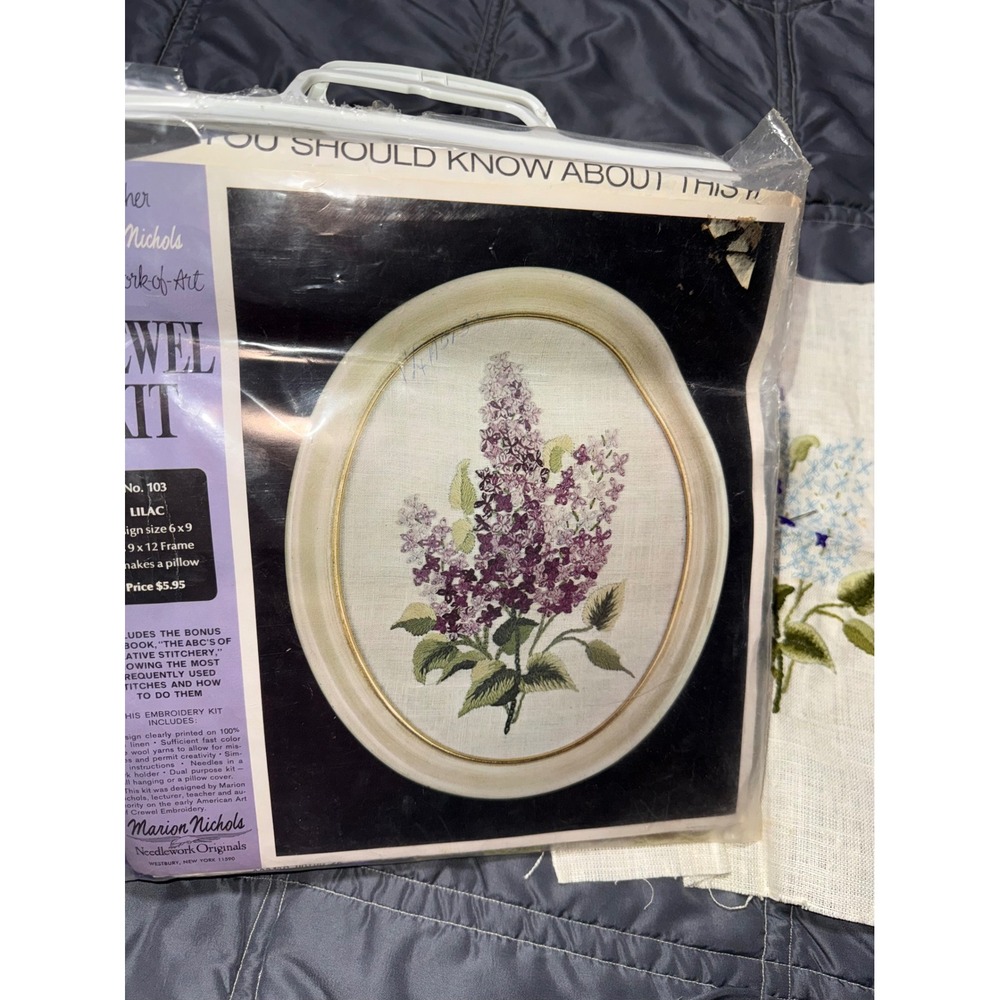 Marion Nichols Vintage Crewel Kit 103 Lilac Floral Embroidery Partially Finished